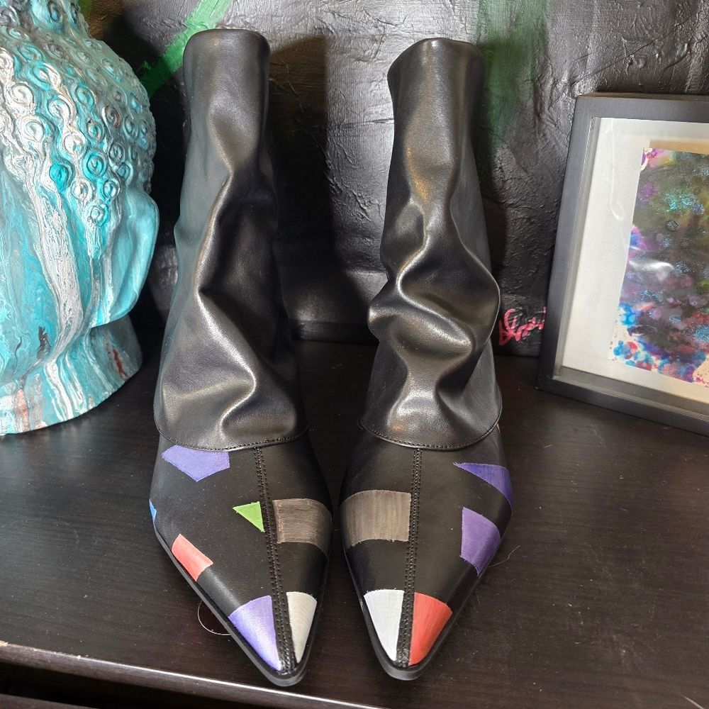 HANDCRAFTED Upcycled Abstract Ankle Boots HANDPAINTED Kitten Heel Slouch Booties - Picture 2 of 16